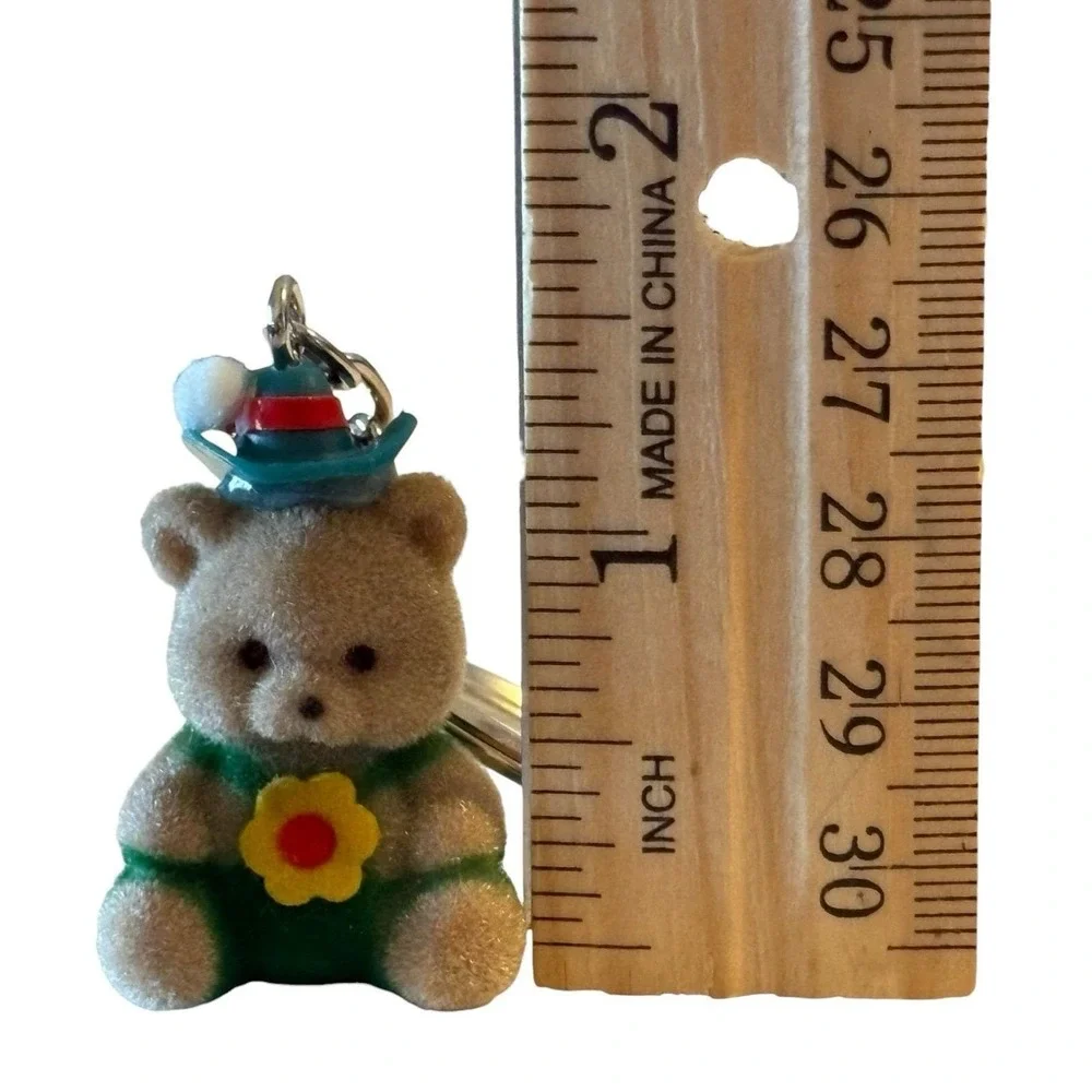 Flocked Teddy Bear Keychain‎ Fob Key Ring Brown Green Hat Flower Vintage 80s